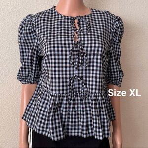 Time and Tru Women's Tie Front Peplum Top with Short Puff Sleeves, Size XL